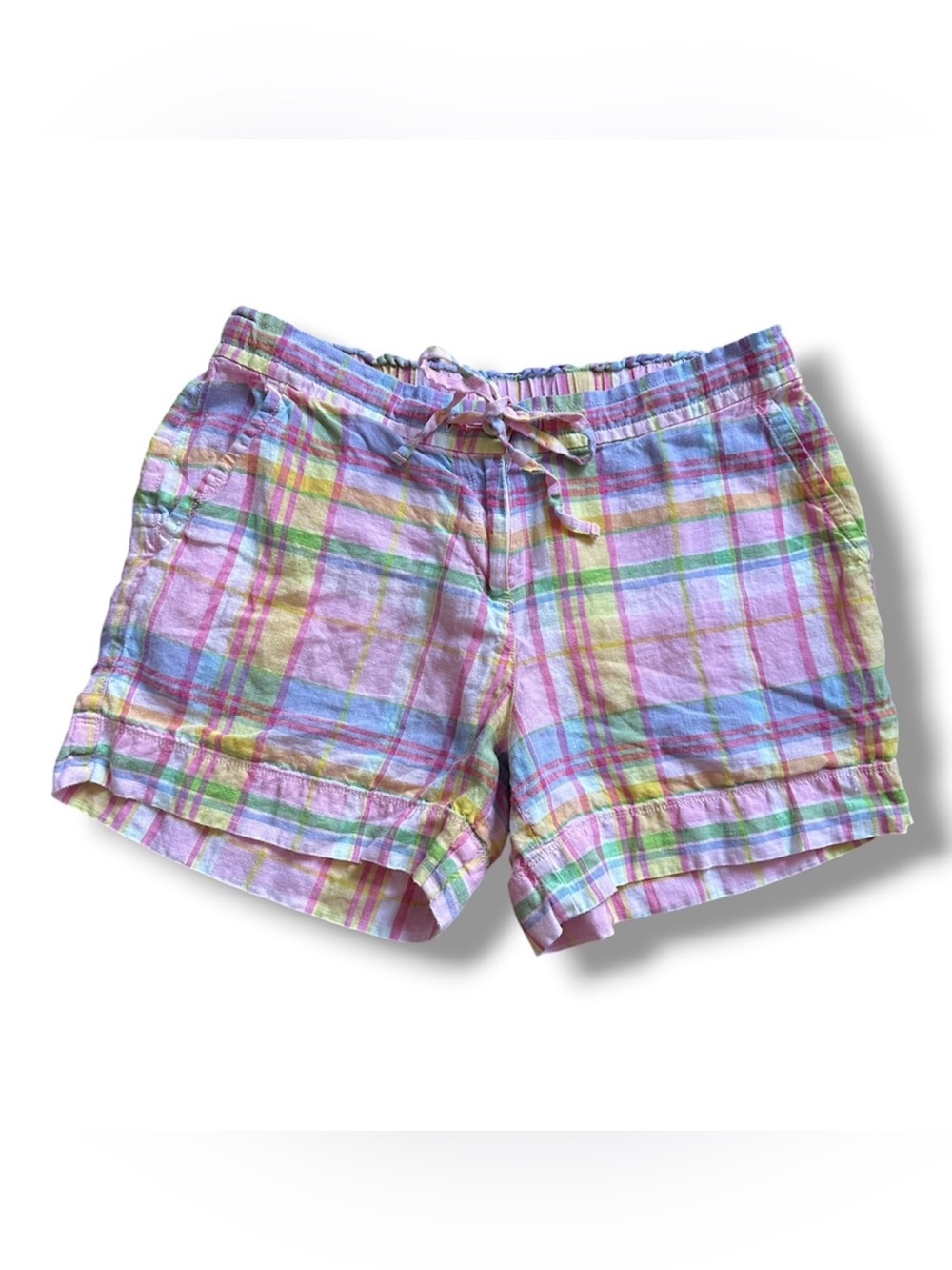 Tommy Bahama Pink Plaid Linen Drawstring Shorts Women’s Size Small Preppy Summer